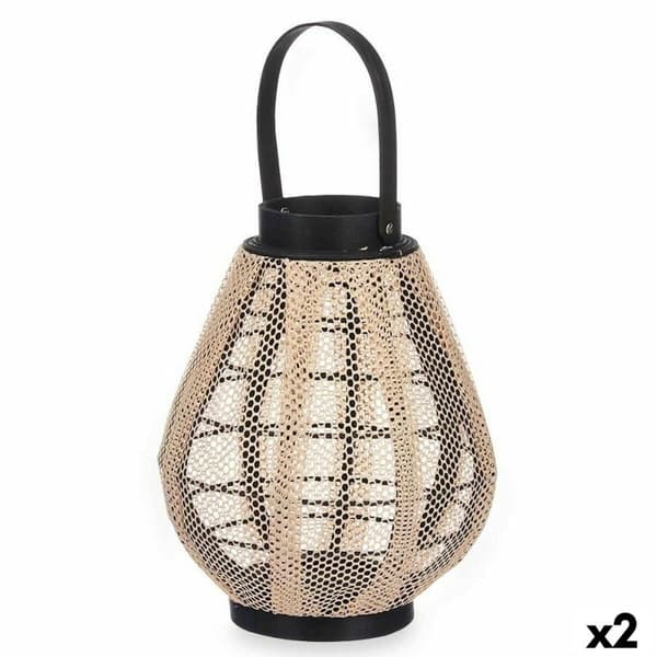 Ljusstakar Lykta Med handtag Beige Trä Tyg 25 x 30 x 25 cm (2 antal)