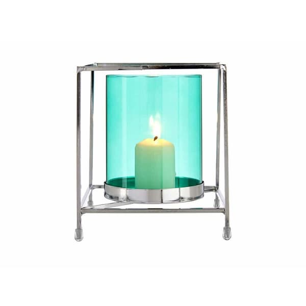 Lyseholder Firkantet Sølvfarvet Blå 14 x 15,5 x 14 cm Metal Glas