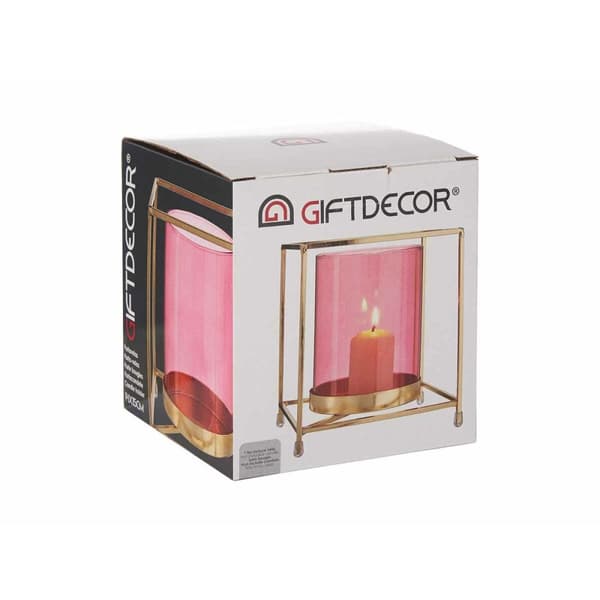 Lyseholder Firkantet Pink Gylden 14 x 15,5 x 14 cm Metal Glas