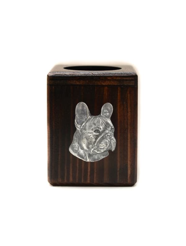 Fransk bulldog I - træ lysestage med en hund, en unik souvenir efter tabet af en hund, håndværk af Art-Dog