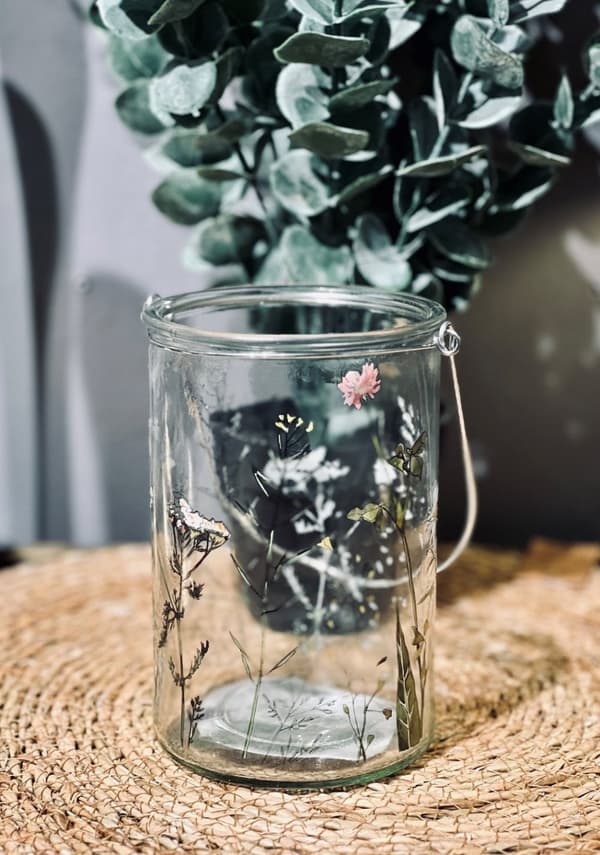 Ljushållare Lykta Blommor Fjäril Glas 15 cm