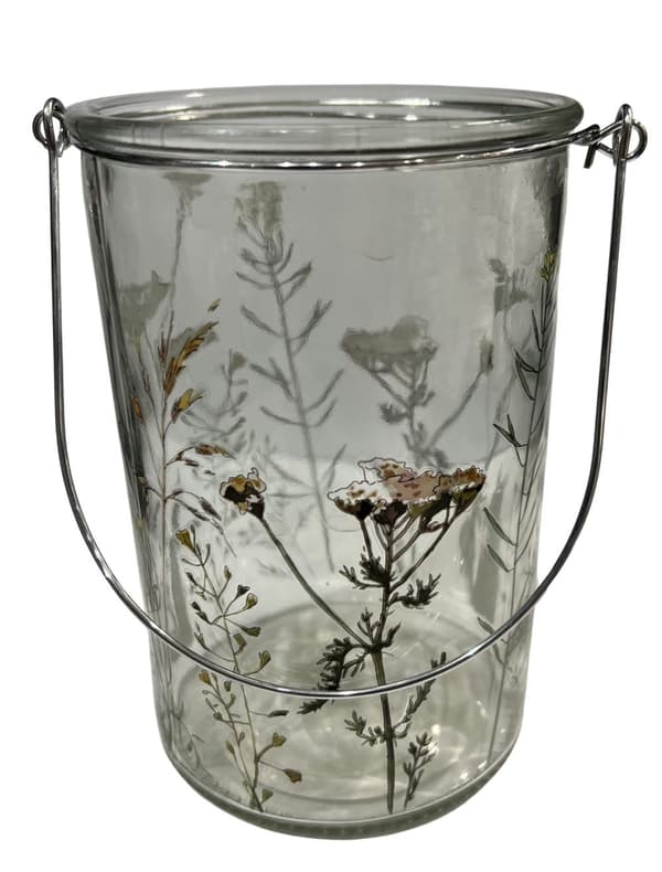 Ljushållare Lykta Blommor Fjäril Glas 15 cm Gröna Vita Blommor