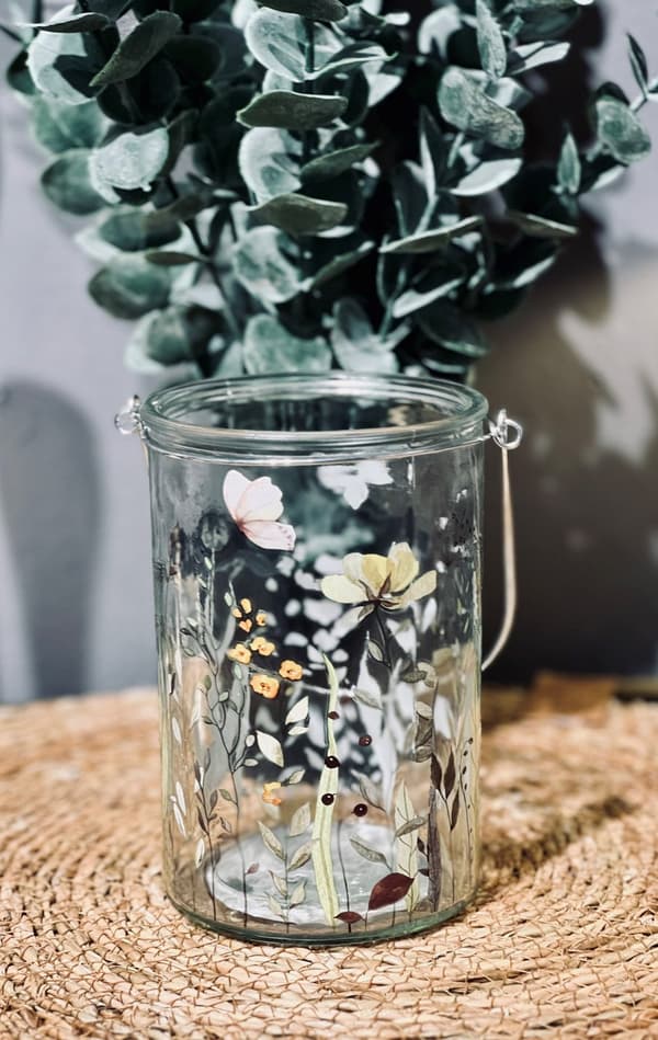Ljushållare Lykta Blommor Fjäril Glas 15 cm