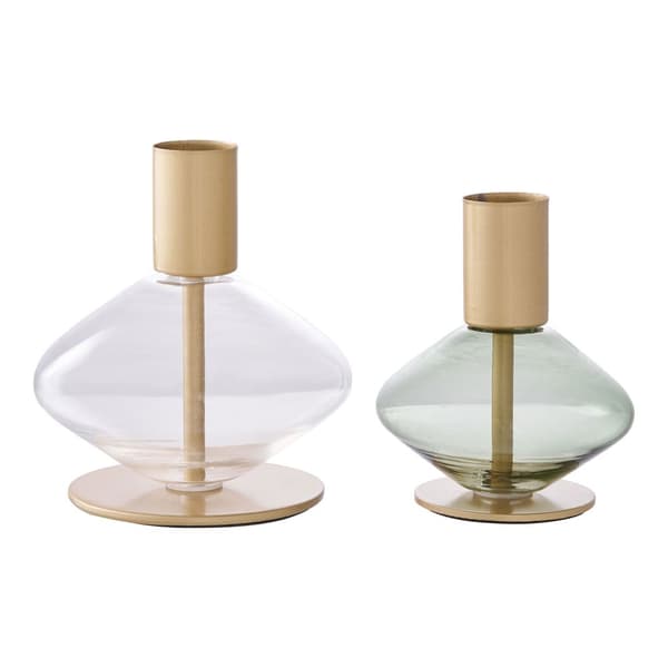 Lysestager, Glas/Metal Sæt af 2, 7,2x8,4 cm / 8,7x9,5 cm, Guld/Grøn/Klar