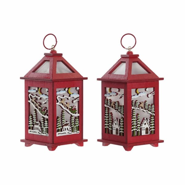 Žibintas DKD Home Decor Joulu Valkoinen Punainen Puu Talo (9 x 9 x 18 cm) (2 pcs)