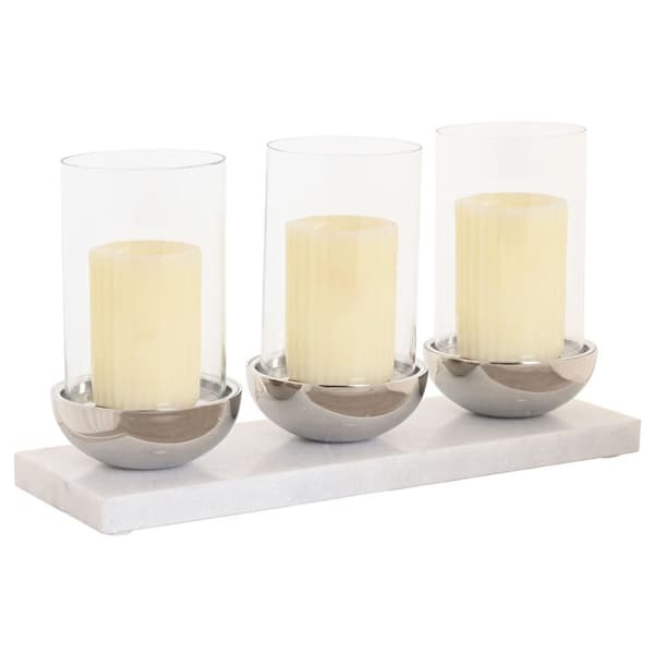 Lyseholder Home ESPRIT Hvid Sølvfarvet Krystal Marmor 40 x 13 x 22 cm