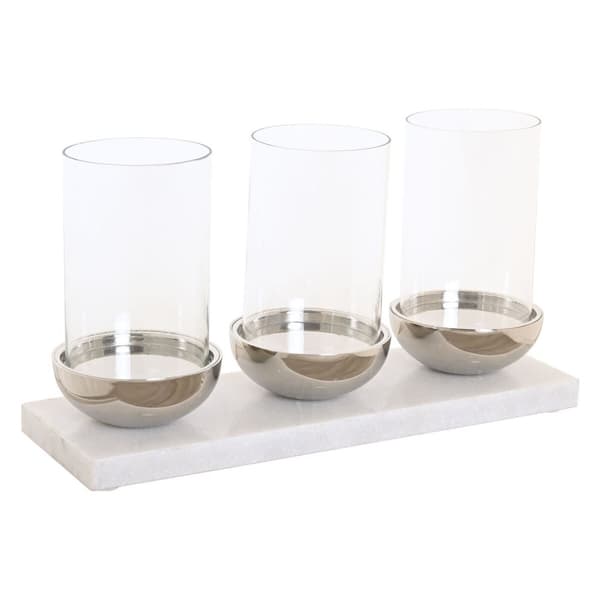 Lyseholder Home ESPRIT Hvid Sølvfarvet Krystal Marmor 40 x 13 x 22 cm