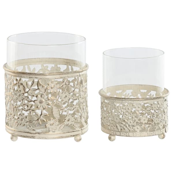 Lyseholder Home ESPRIT Flødefarvet Metal Krystal 11 x 11 x 13 cm (2 enheder)