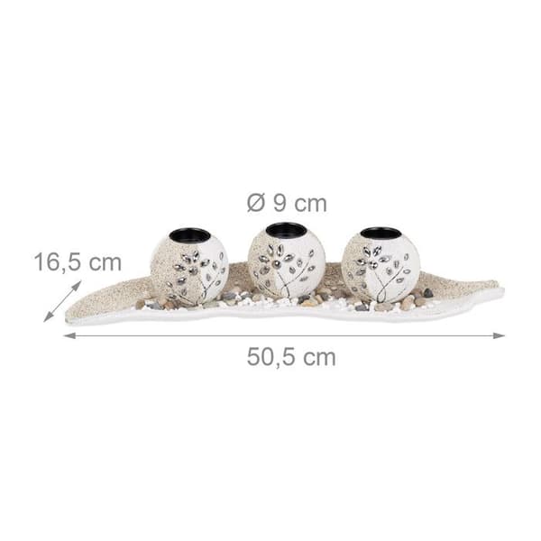 Relaxdays Set med 3 fotogenljus, Bordsdekoration, Träblad, Dekorativa stenar ljusstakar, beige-vit