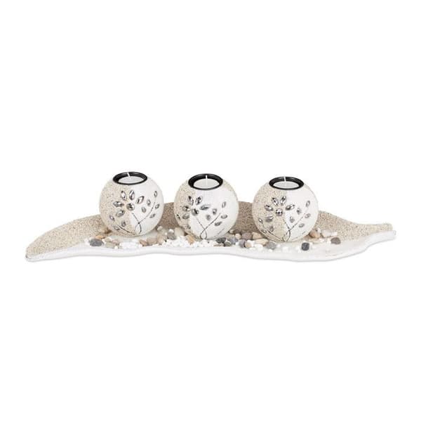 Relaxdays Set med 3 fotogenljus, Bordsdekoration, Träblad, Dekorativa stenar ljusstakar, beige-vit