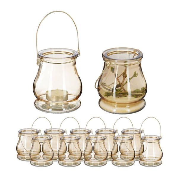 Relaxdays Set av 12 hängande ljuslyktor, i glas, med handtag, för inomhus och utomhusbruk, HxD: 10 x 8,5 cm, guldfärgad