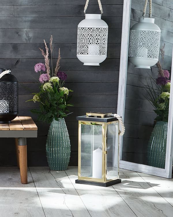 Lanterne Mørkt Træ med Messing Rustfrit Stål Hærdet Glas 41cm af Lille Stearinlys Holder med Låge Bærehåndtag Indendørs Udendørs Indretning