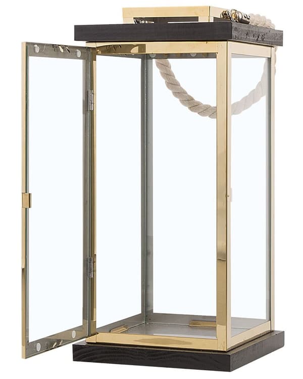 Lanterne Mørkt Træ med Messing Rustfrit Stål Hærdet Glas 41cm af Lille Stearinlys Holder med Låge Bærehåndtag Indendørs Udendørs Indretning