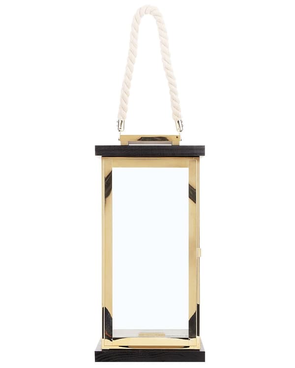 Lanterne Mørkt Træ med Messing Rustfrit Stål Hærdet Glas 41cm af Lille Stearinlys Holder med Låge Bærehåndtag Indendørs Udendørs Indretning