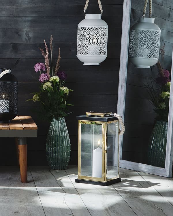 Lanterne Mørkt Træ med Messing Rustfrit Stål Hærdet Glas 41cm af Lille Stearinlys Holder med Låge Bærehåndtag Indendørs Udendørs Indretning