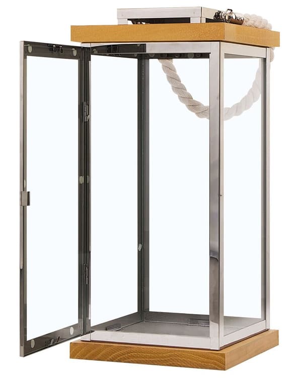 Lanterne Lyst Træ med Sølv Rustfrit Stål og Hærdet Glas 41 cm af Lille Stearinlys Holder med Låge Bærehåndtag Indendørs Udendørs Indretning
