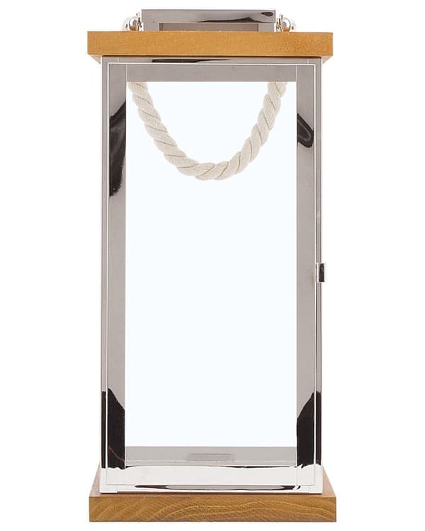 Lanterne Lyst Træ med Sølv Rustfrit Stål og Hærdet Glas 41 cm af Lille Stearinlys Holder med Låge Bærehåndtag Indendørs Udendørs Indretning