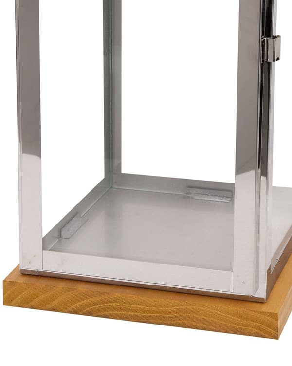 Lanterne Lyst Træ med Sølv Rustfrit Stål og Hærdet Glas 41 cm af Lille Stearinlys Holder med Låge Bærehåndtag Indendørs Udendørs Indretning