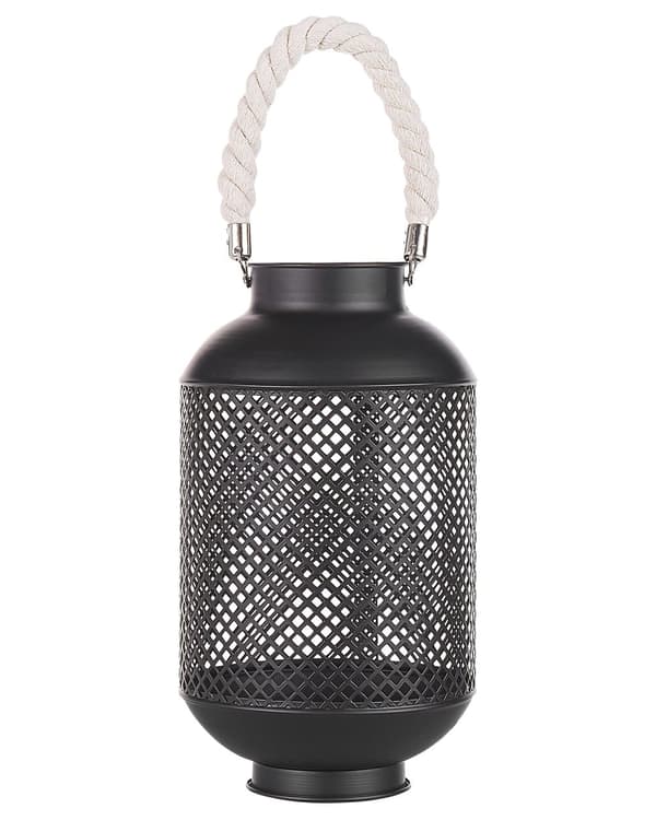 Lanterne Sort Mat Metal 34 x 20 cm Dekorativ Bloklys Holder Net Mønster med Reb Bærehåndtag Moderne Gulv Bordpynt Stue Indretning Tilbehør