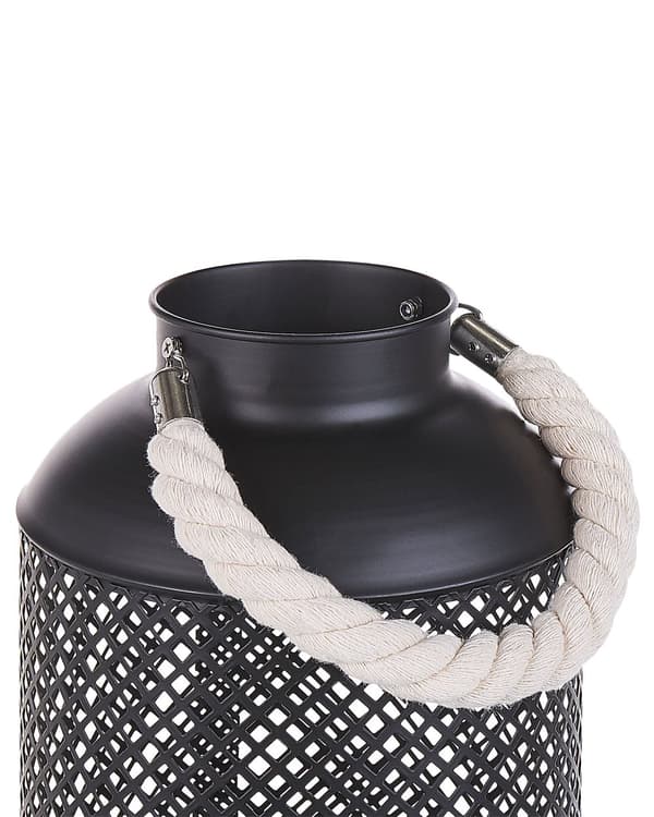 Lanterne Sort Mat Metal 34 x 20 cm Dekorativ Bloklys Holder Net Mønster med Reb Bærehåndtag Moderne Gulv Bordpynt Stue Indretning Tilbehør