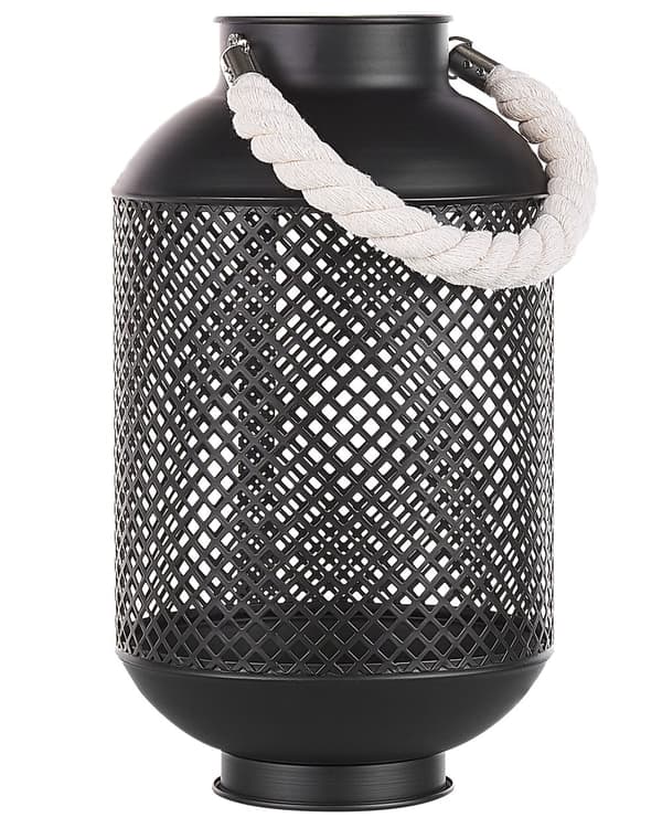 Lanterne Sort Mat Metal 34 x 20 cm Dekorativ Bloklys Holder Net Mønster med Reb Bærehåndtag Moderne Gulv Bordpynt Stue Indretning Tilbehør