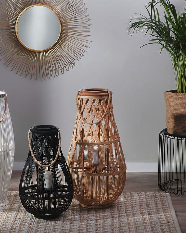 Lyhty luonnonväri bambu ⌀ 39 x 77 cm lasikupilla ovaali kahvalla sisälle ulos rustiikkinen tyyli