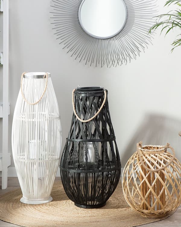 Lyhty musta bambu ⌀ 39 x 77 cm lasikupilla ovaali kahvalla sisälle ulos rustiikkinen tyyli