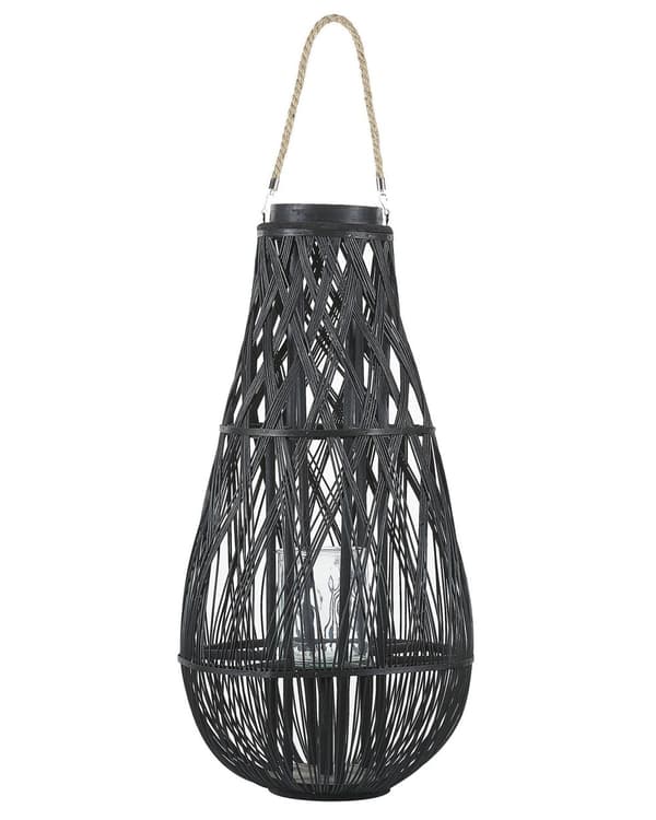Lyhty musta bambu ⌀ 39 x 77 cm lasikupilla ovaali kahvalla sisälle ulos rustiikkinen tyyli