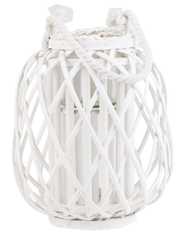 Lanterne Hvid Piletræ og Glas 30 cm Dekorativ Stearinlys Holder til Bloklys Flet Boho Indendørs med Bærehåndtag Reb Pynteting til Vindueskarm