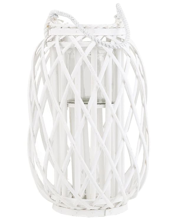 Lanterne Hvid Piletræ og Glas 40 cm Dekorativ Stearinlys Holder til Bloklys Flet Boho Indendørs med Bærehåndtag Reb Pynteting til Vindueskarm