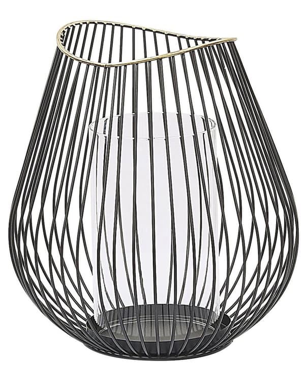 Lanterne sort i en find guld detalje metal og glas 22 cm indsats lysestage i ovalformet dekoration til stue- og værelsesindretninger