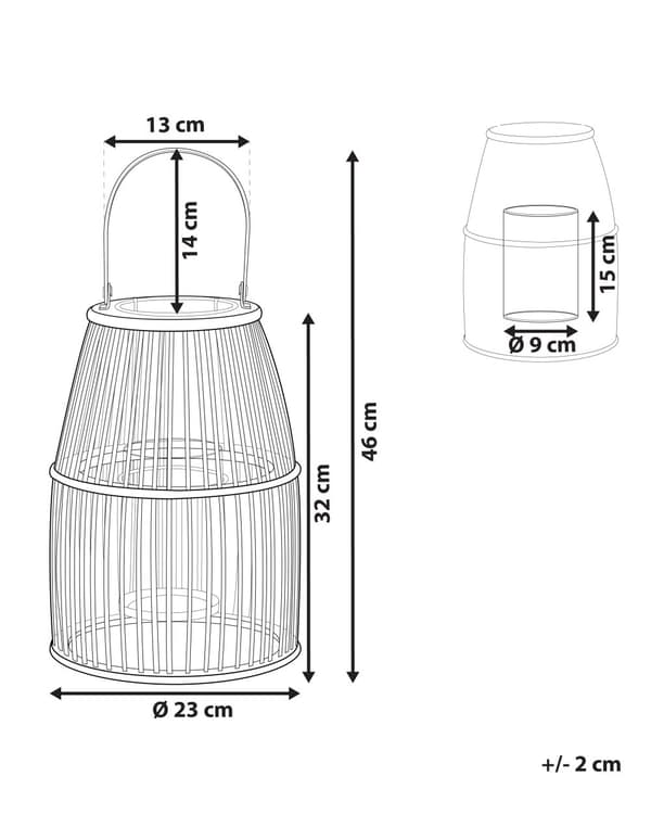 Lyhty beige bambu puu 32 cm ulko- ja sisäkäyttöön kahva avoin rakenne boho tyyli