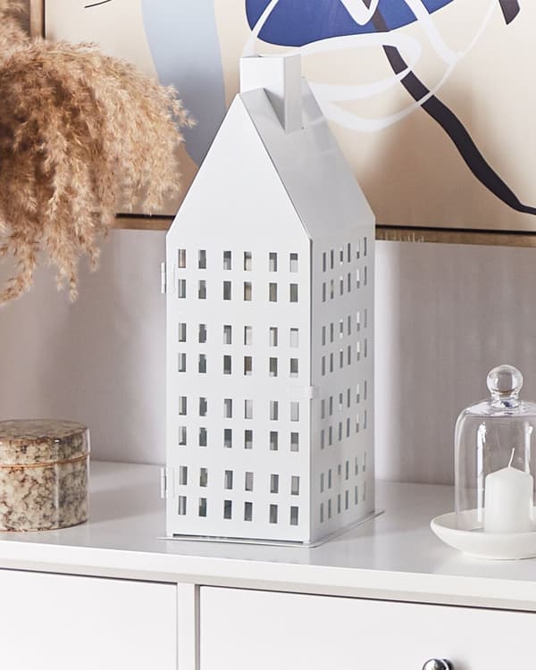 Lyhty valkoinen metallia 40 cm talo ikkunat minimalistinen klassinen sisustus