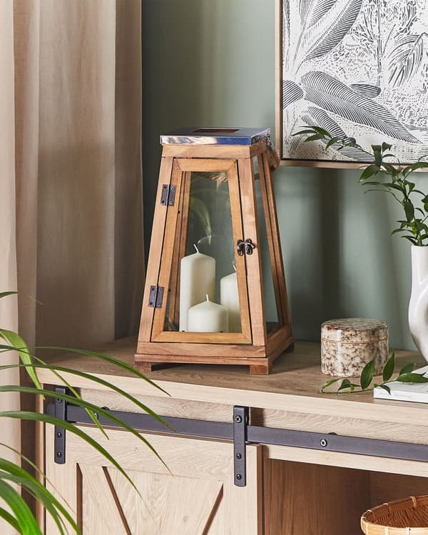 Lanterne Brun Fyrretræ og Glas 39 cm Dekorativ Stearinlysholder til Bloklys Moderne Indendørs med Bærehåndtag Udendørs Terrasse Tilbehør