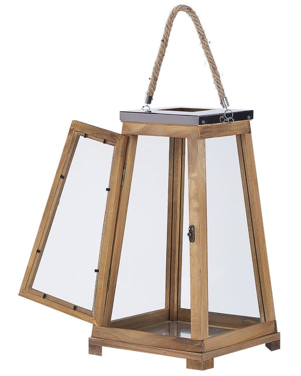 Lanterne Brun Fyrretræ og Glas 39 cm Dekorativ Stearinlysholder til Bloklys Moderne Indendørs med Bærehåndtag Udendørs Terrasse Tilbehør
