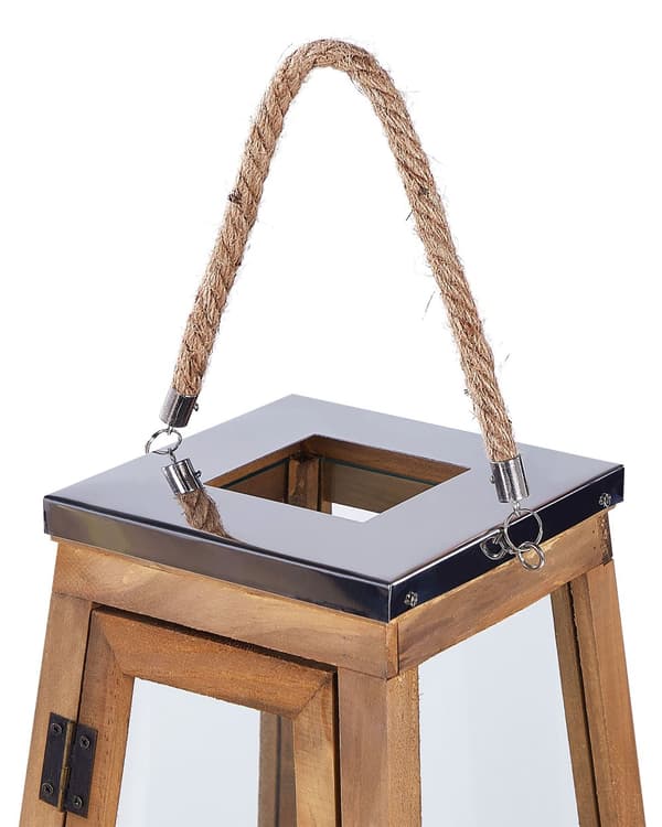 Lanterne Brun Fyrretræ og Glas 39 cm Dekorativ Stearinlysholder til Bloklys Moderne Indendørs med Bærehåndtag Udendørs Terrasse Tilbehør