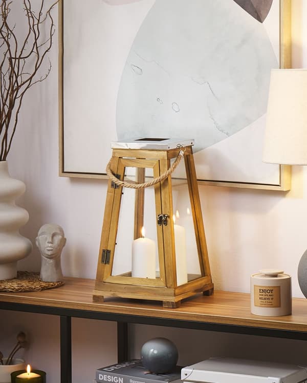 Lanterne Brun Fyrretræ og Glas 39 cm Dekorativ Stearinlysholder til Bloklys Moderne Indendørs med Bærehåndtag Udendørs Terrasse Tilbehør