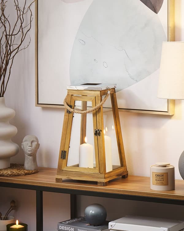 Lanterne Brun Fyrretræ og Glas 39 cm Dekorativ Stearinlysholder til Bloklys Moderne Indendørs med Bærehåndtag Udendørs Terrasse Tilbehør