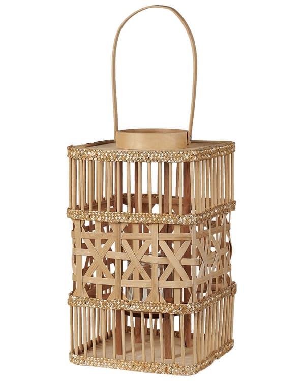 Lanterne Naturligt Bambustræ 39 cm Rektangulær med Glaslysestage og Bærehåndtag Boho Style til Indendørs