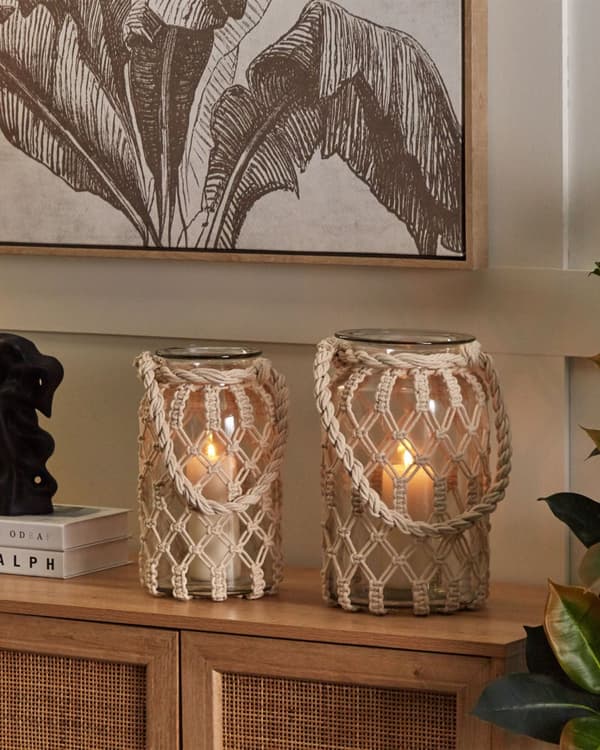 Lanterne Hvid Bomuld og Glas 28 x 16 cm Dekorativ Glaslanterne Macrame Reb Flet Stearinlys Holder til Bloklys Boho Inspiration Bordpynt