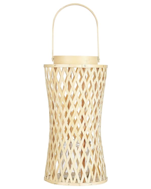 Naturlig bambuslanterne 38 cm med glaslysestage indeni i bohostil