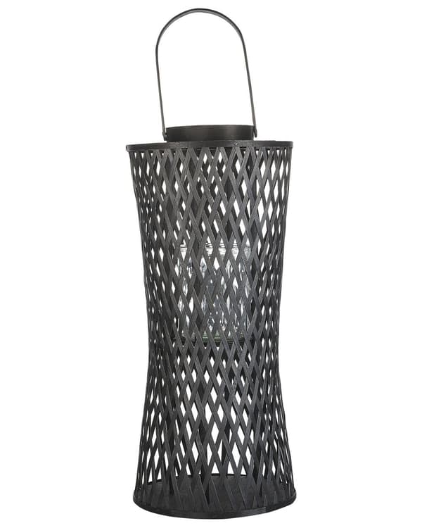 Sort bambuslanterne 58 cm med glaslysestage indeni i bohostil