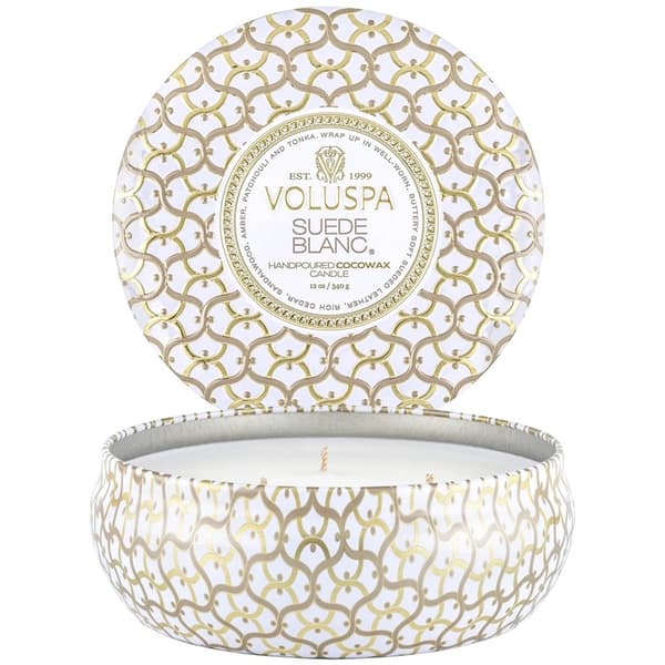 Voluspa 3-Wick Candle Decorative Tin Suede Blanc 340g