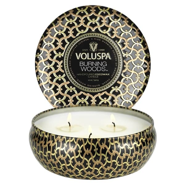 Voluspa 3-Wick Candle Decorative Tin Burning Woods 340g