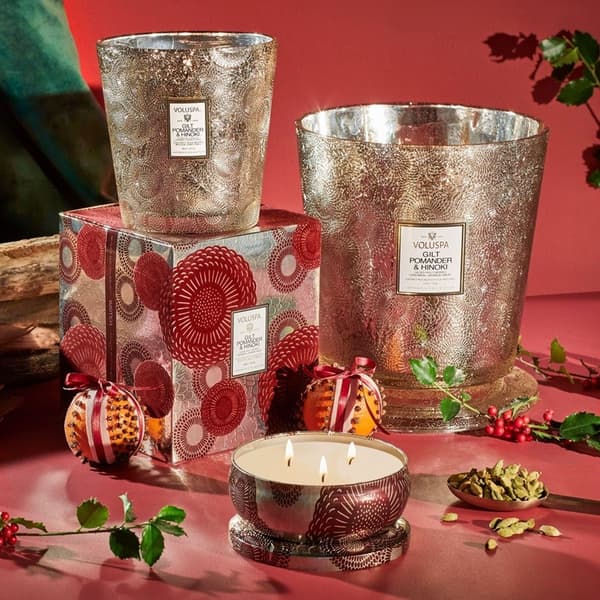 Voluspa 3-Wick Candle Decorative Tin Gilt Pomander & Hinoki 340g
