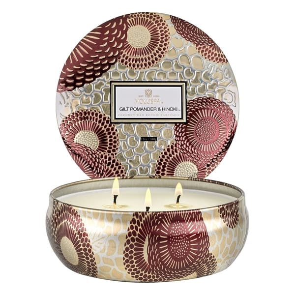 Voluspa 3-Wick Candle Decorative Tin Gilt Pomander & Hinoki 340g