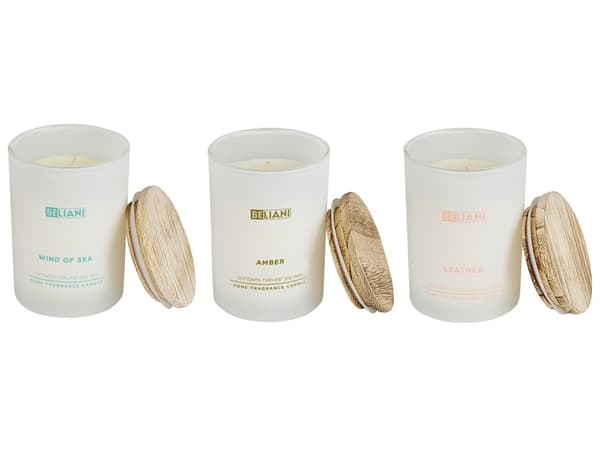 Set med 3 doftljus Flerfärgade 100% sojavax Bomullsveke Vitt glas Doft Läder/Havsvind/Björk