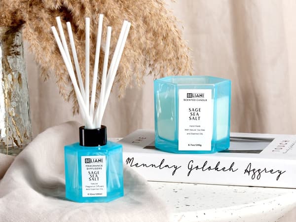 Set med doftljus och doftstav Diffusor Rosa 100% Sojavax Bomullsveke Glas Fruktig Salvia Havssalt