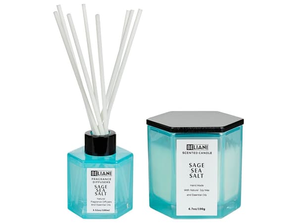 Set med doftljus och doftstav Diffusor Rosa 100% Sojavax Bomullsveke Glas Fruktig Salvia Havssalt