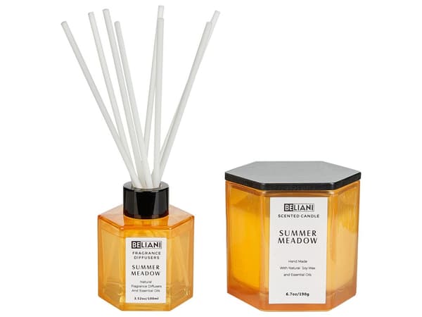 Set med doftljus och doftstav Diffusor Rosa 100% Sojavax Bomullsveke Glas Fruktig Sommaräng